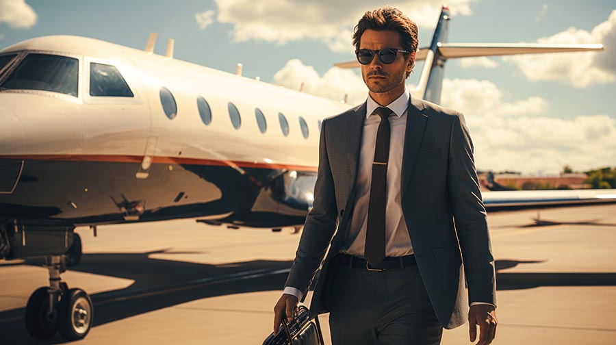 Portrait of a businessman walking from a business jet into a car, flying on an airplane to a business meeting, financial success concept